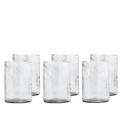 Six Caskata Viento Medium Clear Tumblers, crafted from recycled handblown glass with a textured finish, are arranged in two rows on a white background. Set of 6.