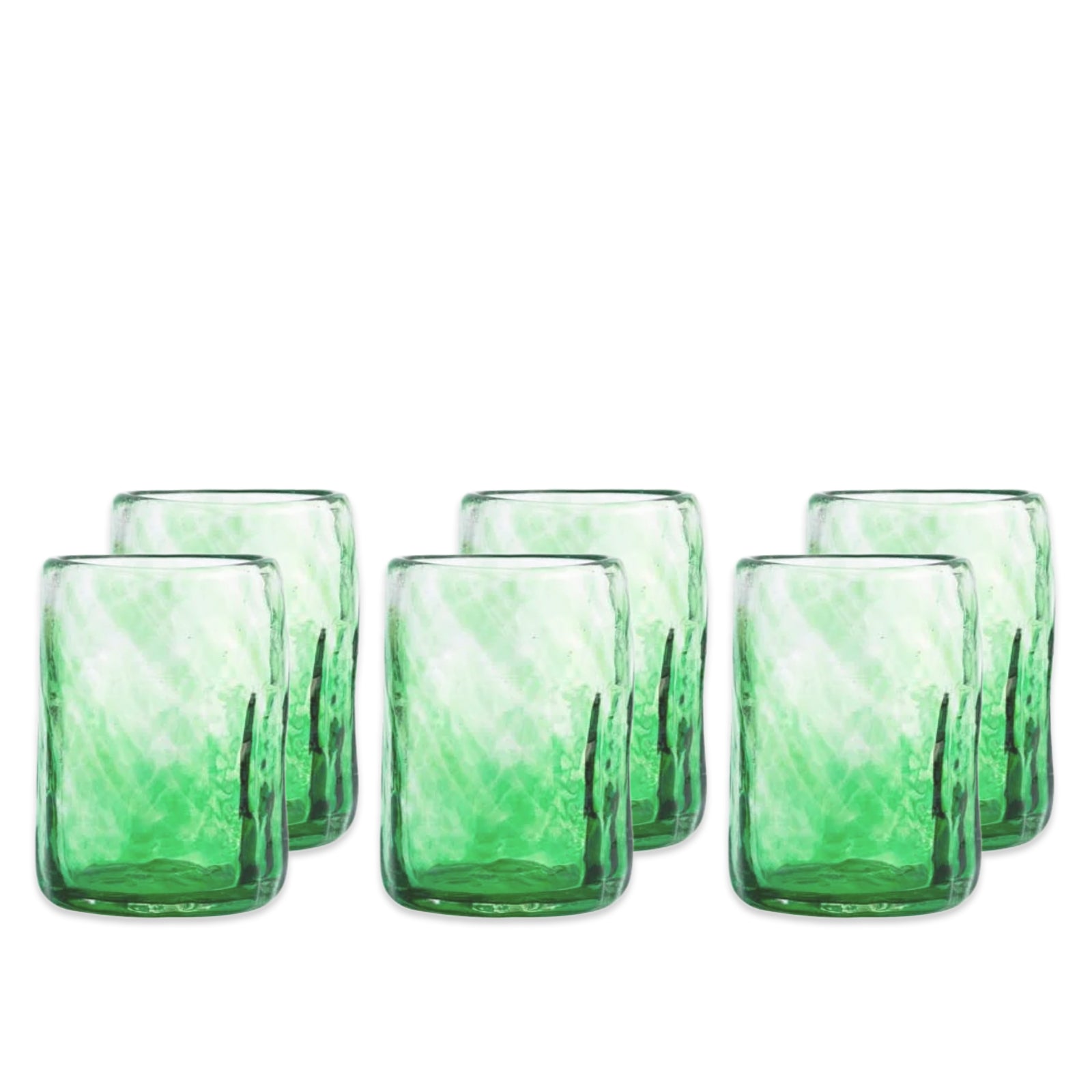 Six Viento Medium Green Tumblers by Caskata, crafted from recycled glass, are arranged in two rows against a white background.