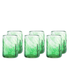 Six Viento Medium Green Tumblers by Caskata, crafted from recycled glass, are arranged in two rows against a white background.
