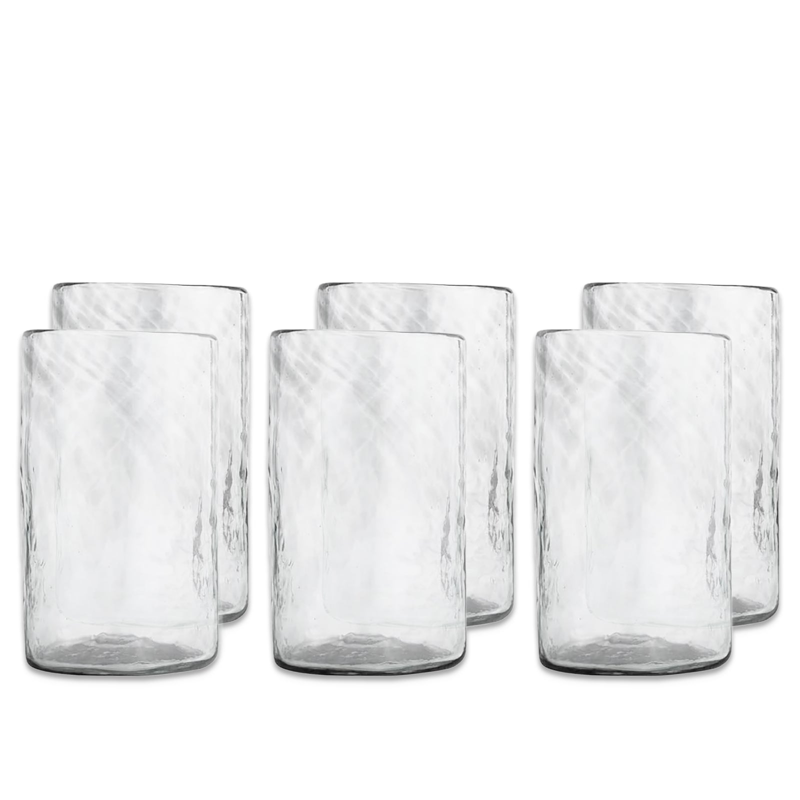 Set of six Viento Large Clear Tumblers by Caskata, featuring a slight texture and handblown design, are arranged in two rows against a white background.