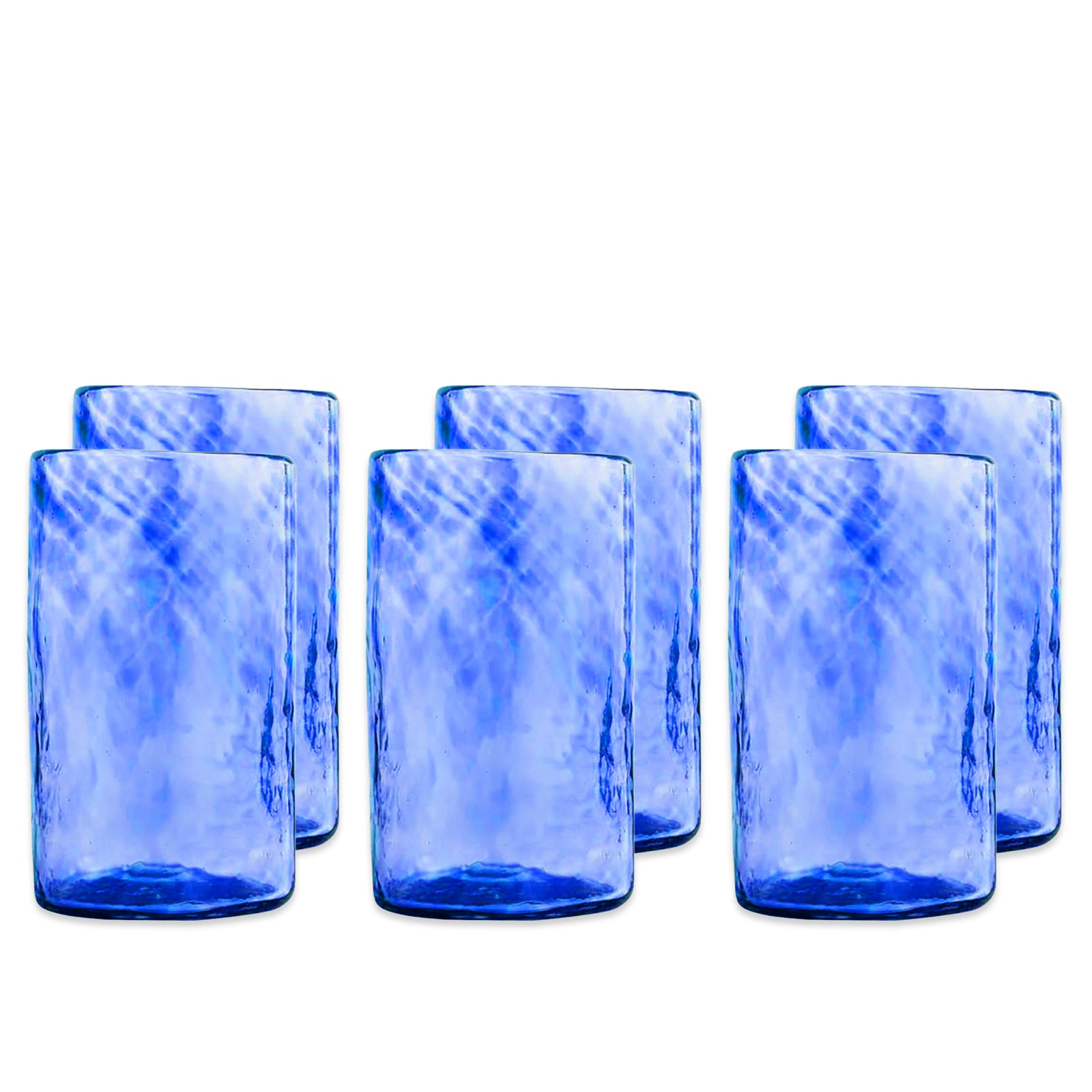 Six Caskata Viento Large Cobalt Tumblers, set of 6, crafted from recycled glass with a textured surface, are arranged in two rows on a white background.