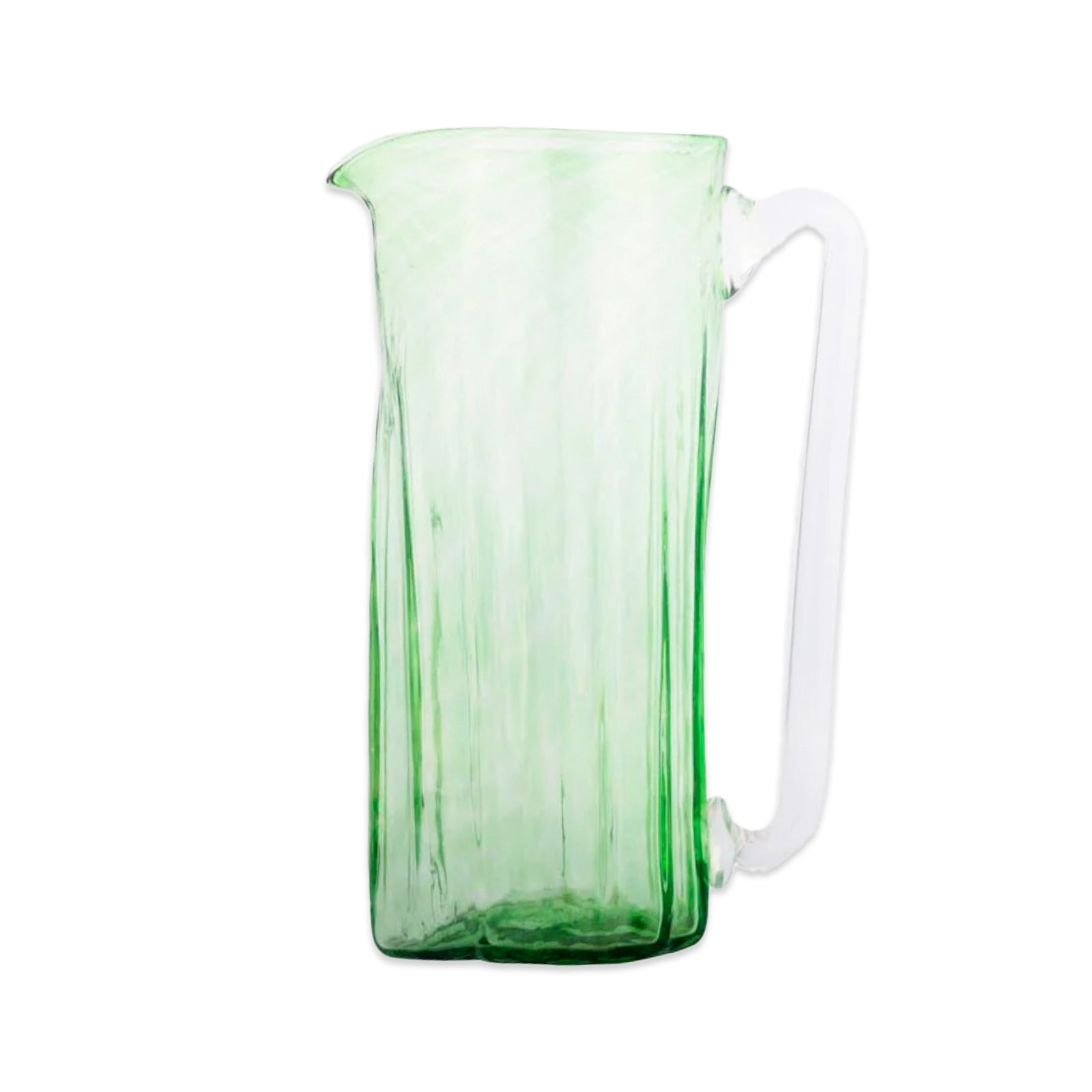 The Viento Large Green Pitcher by Caskata is artisan-crafted from recycled glass, featuring a transparent green rectangular body and clear handle, handblown and displayed on a white background.