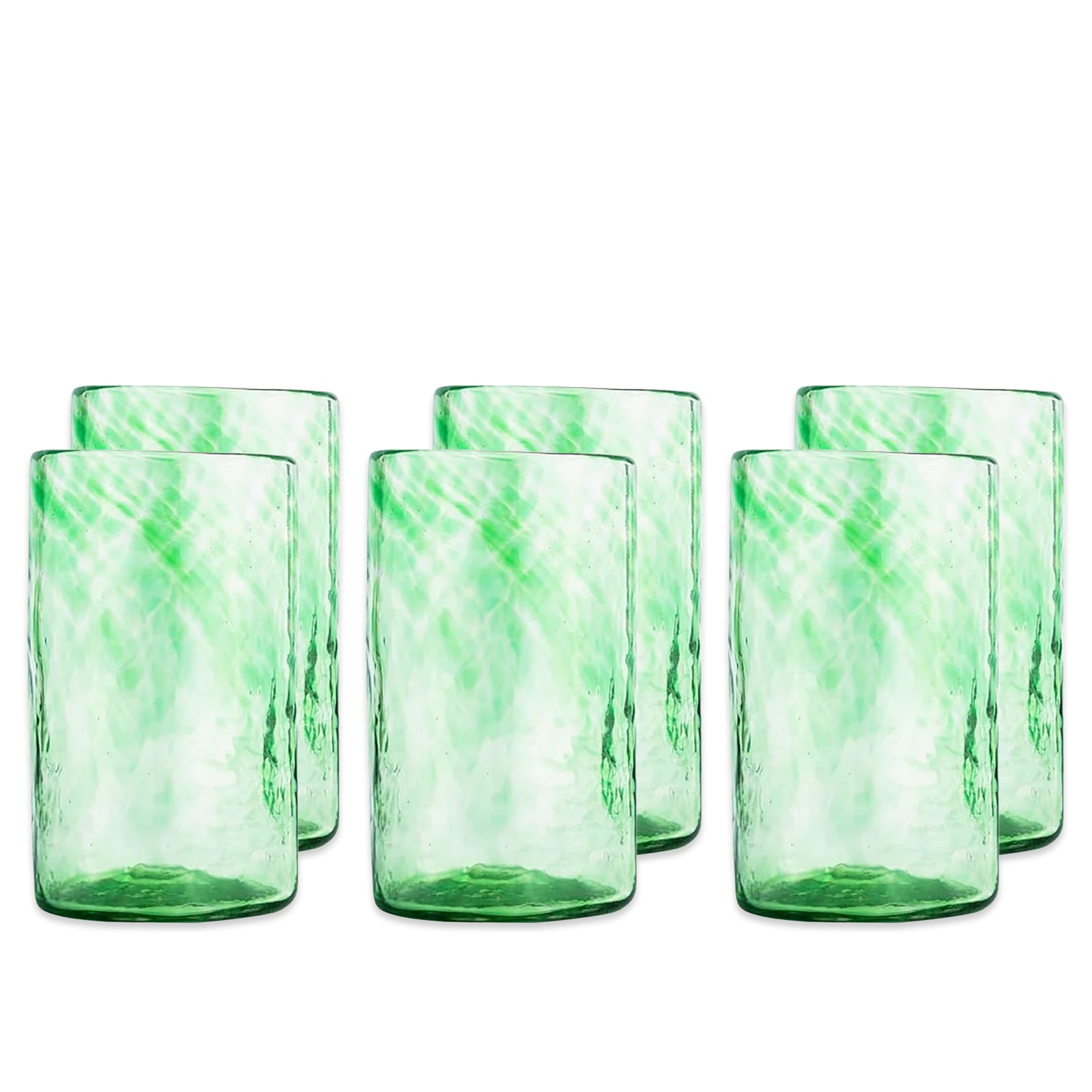 Six Viento Large Green Tumblers by Caskata, crafted from recycled glass, are arranged in two rows on a white background, highlighting their elegant design and sustainable craftsmanship.