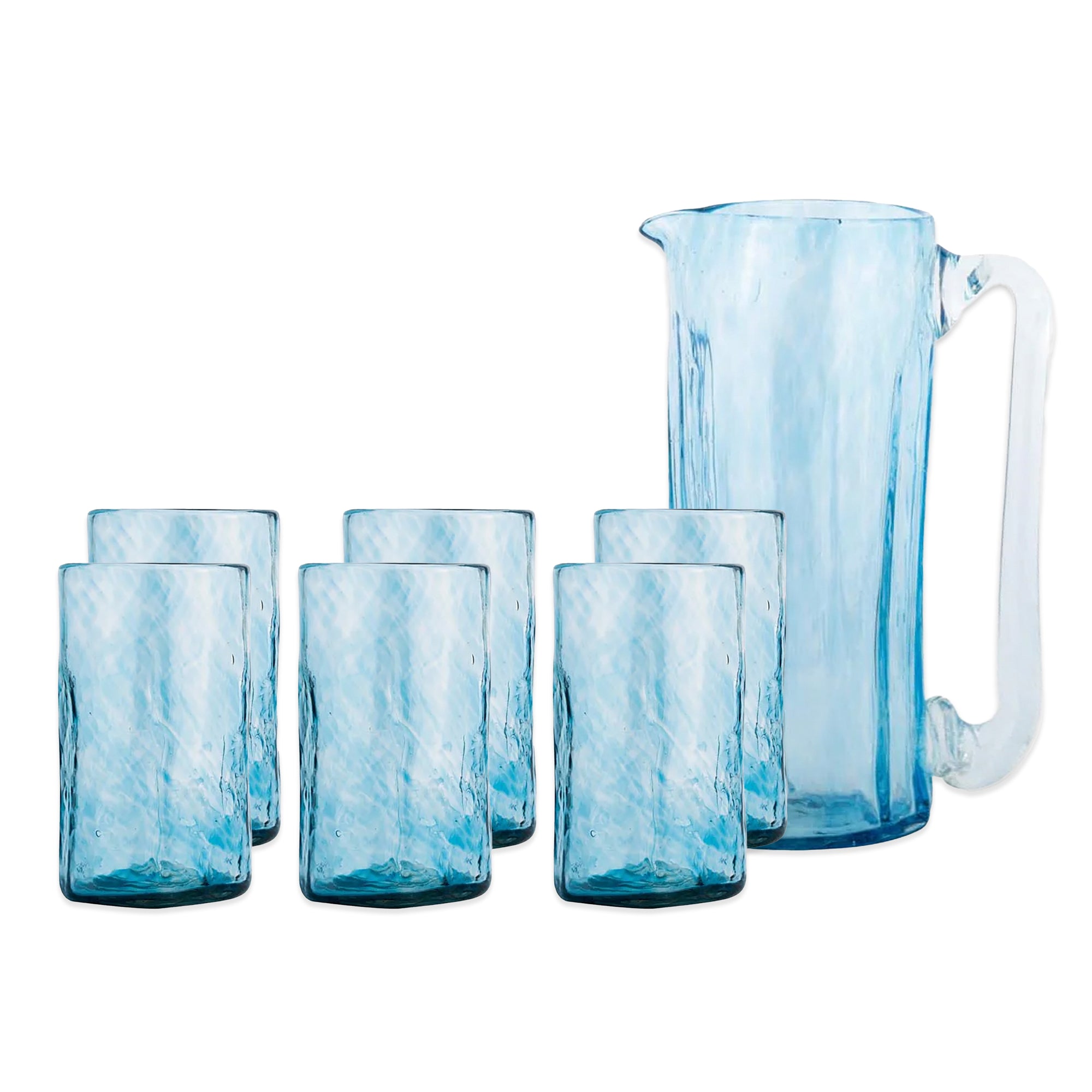 The "Reach for the Sky" Serving Bundle by Caskata features a French blue recycled glass pitcher with handle and six handblown, textured tumblers, displayed stylishly on a white background.