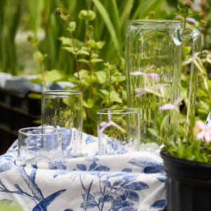 A Caskata Viento Small Clear Tumblers Set of 6 sits on a blue and white patterned cloth amid green plants and purple flowers, outdoors.