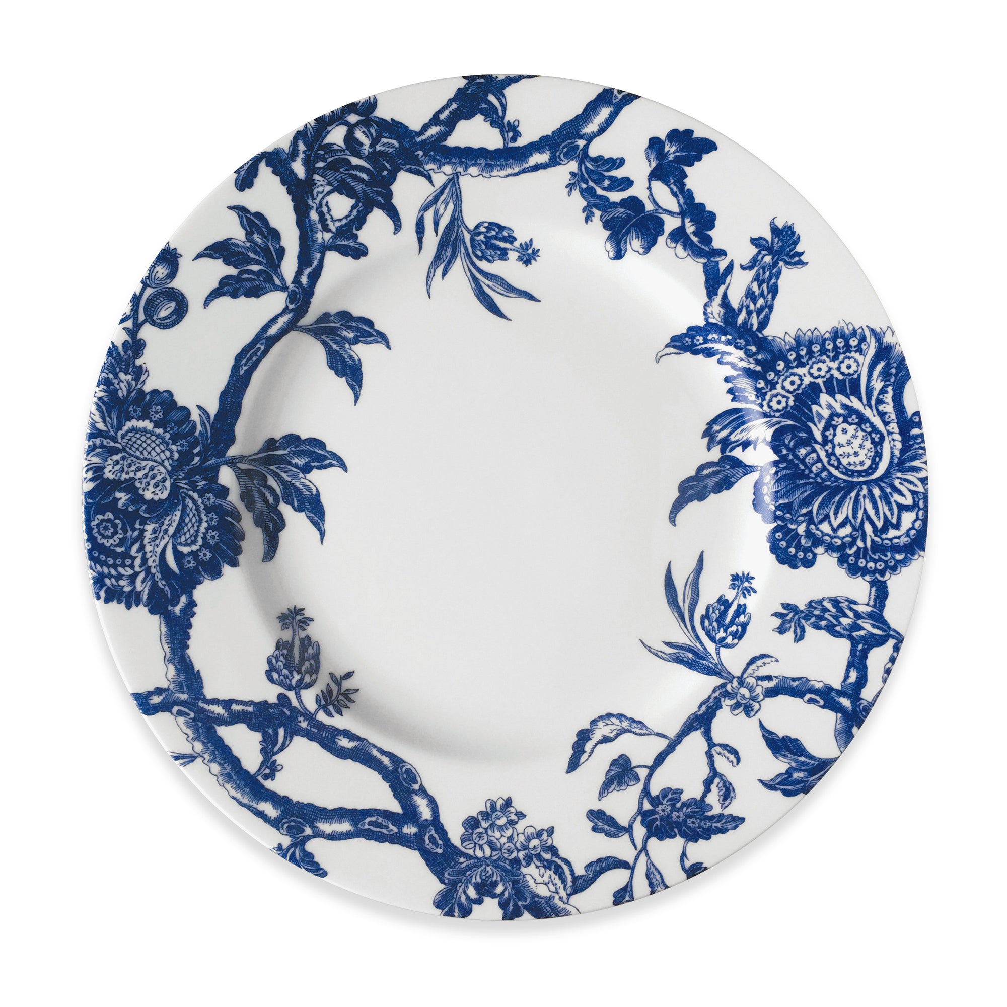 A premium porcelain dinnerware piece, the Arcadia Rimmed Dinner Plate by Caskata Artisanal Home is adorned with intricate graphic florals along the rim, inspired by the Williamsburg Foundation.