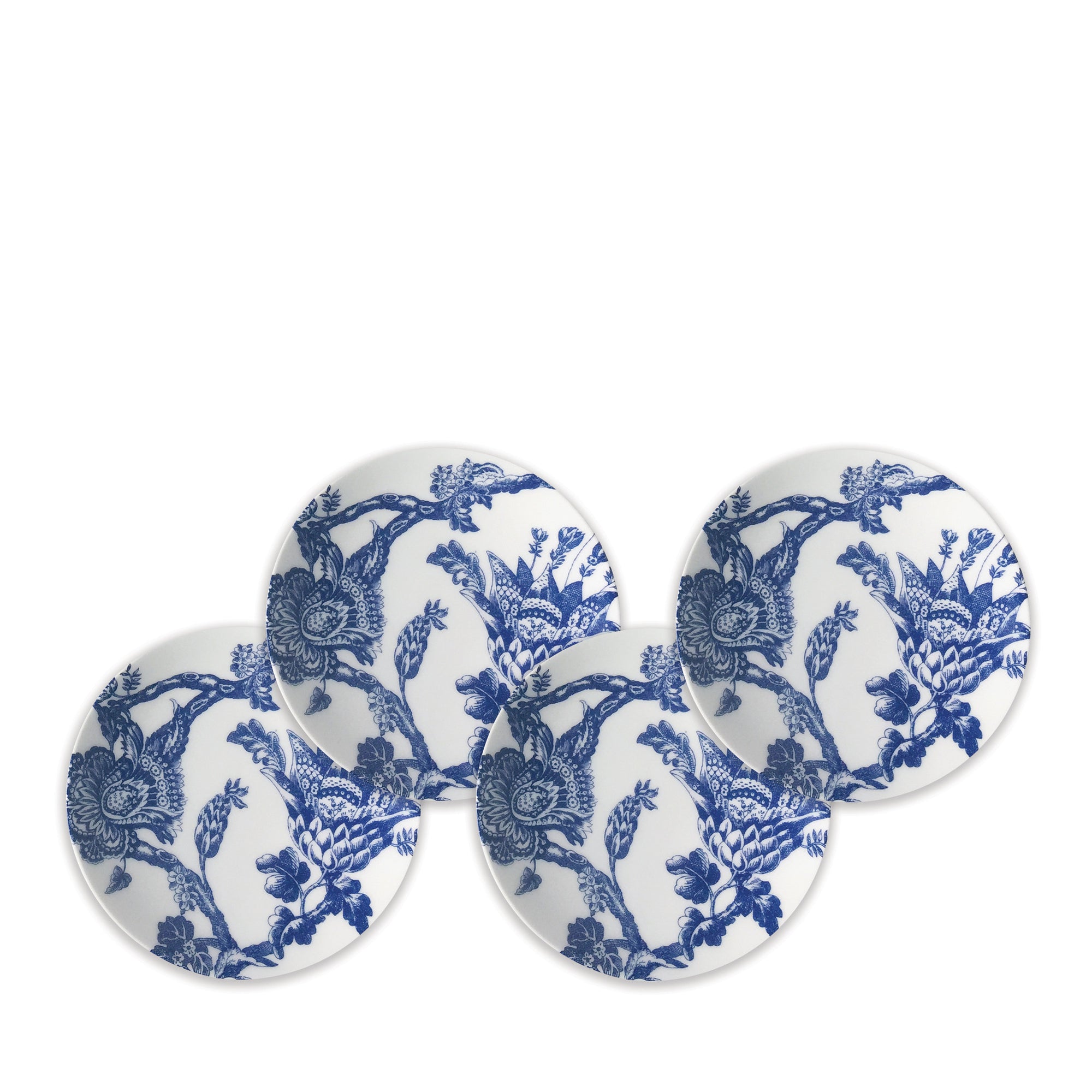 Four premium Arcadia Small Plates by Caskata Artisanal Home with blue floral designs are arranged in a slightly overlapping circular pattern.