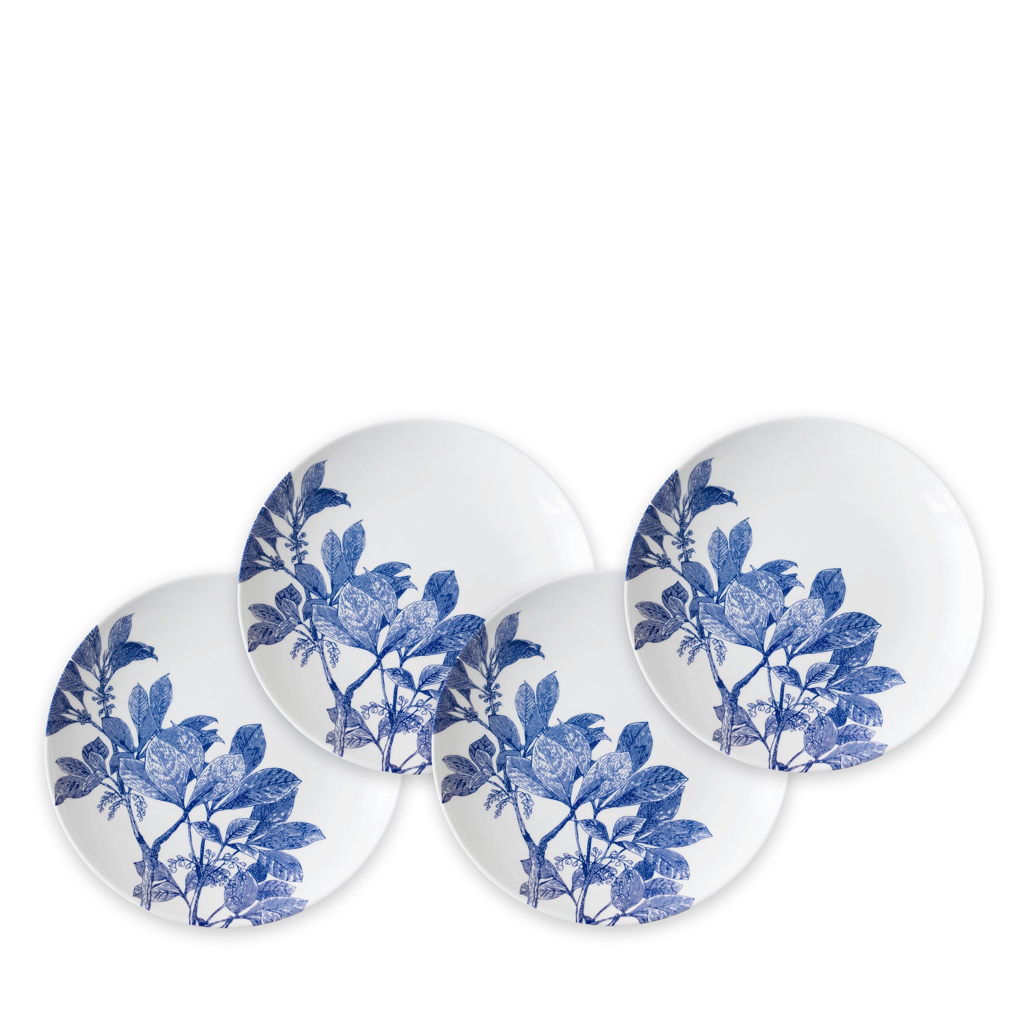 Set of four heirloom-quality Arbor Blue Small Plates from Caskata Artisanal Home in pristine white, adorned with blue botanical details on one side, arranged in a slightly overlapping manner.