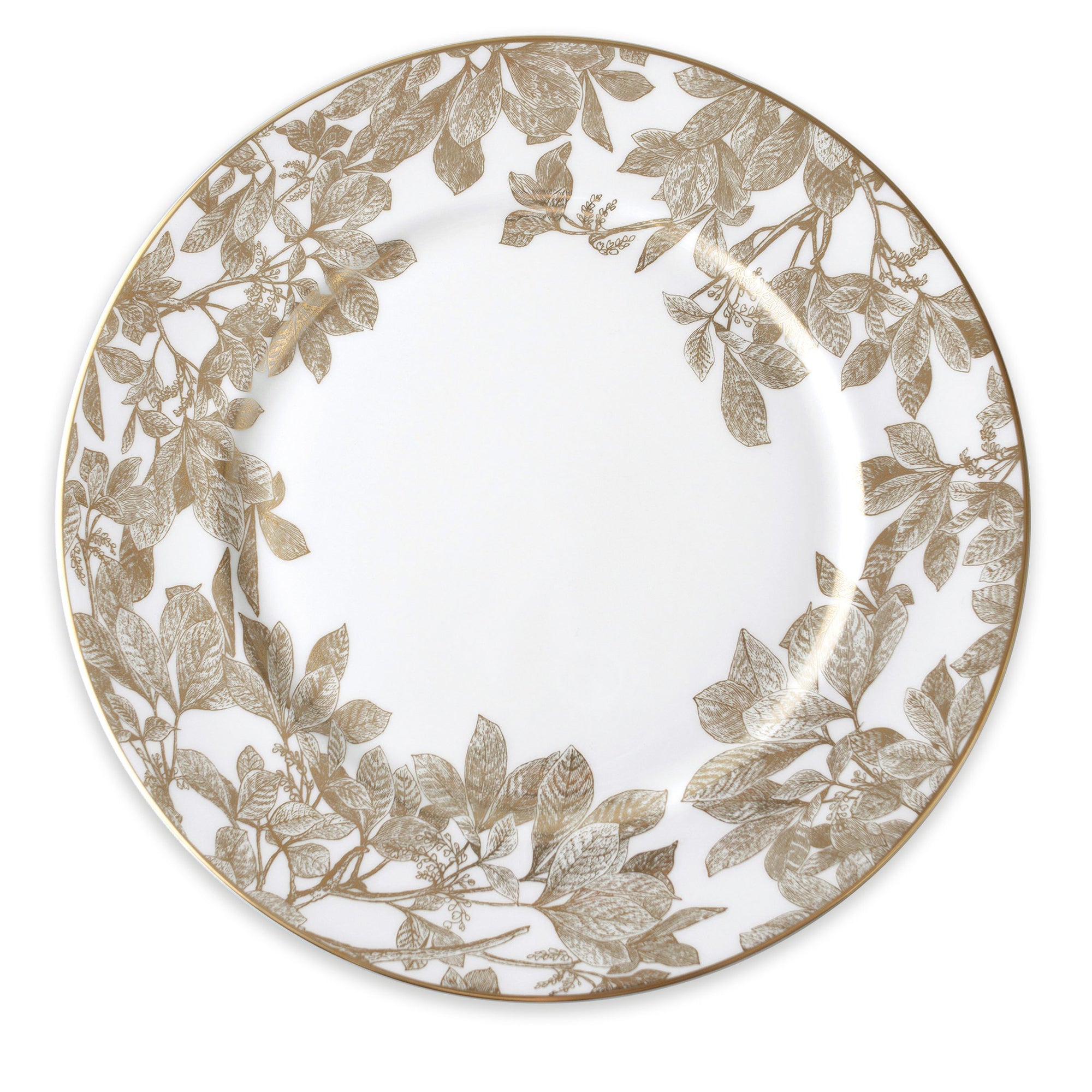 A Caskata Artisanal Home Arbor Gold Rimmed Charger with gold leaf pattern botanical details around the edge.
