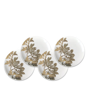 Arbor Gold Canapé Plates Boxed Set of 4 by Caskata with Gold Leaves on bone china. Can be used for appetizers or bread and butter plates. 