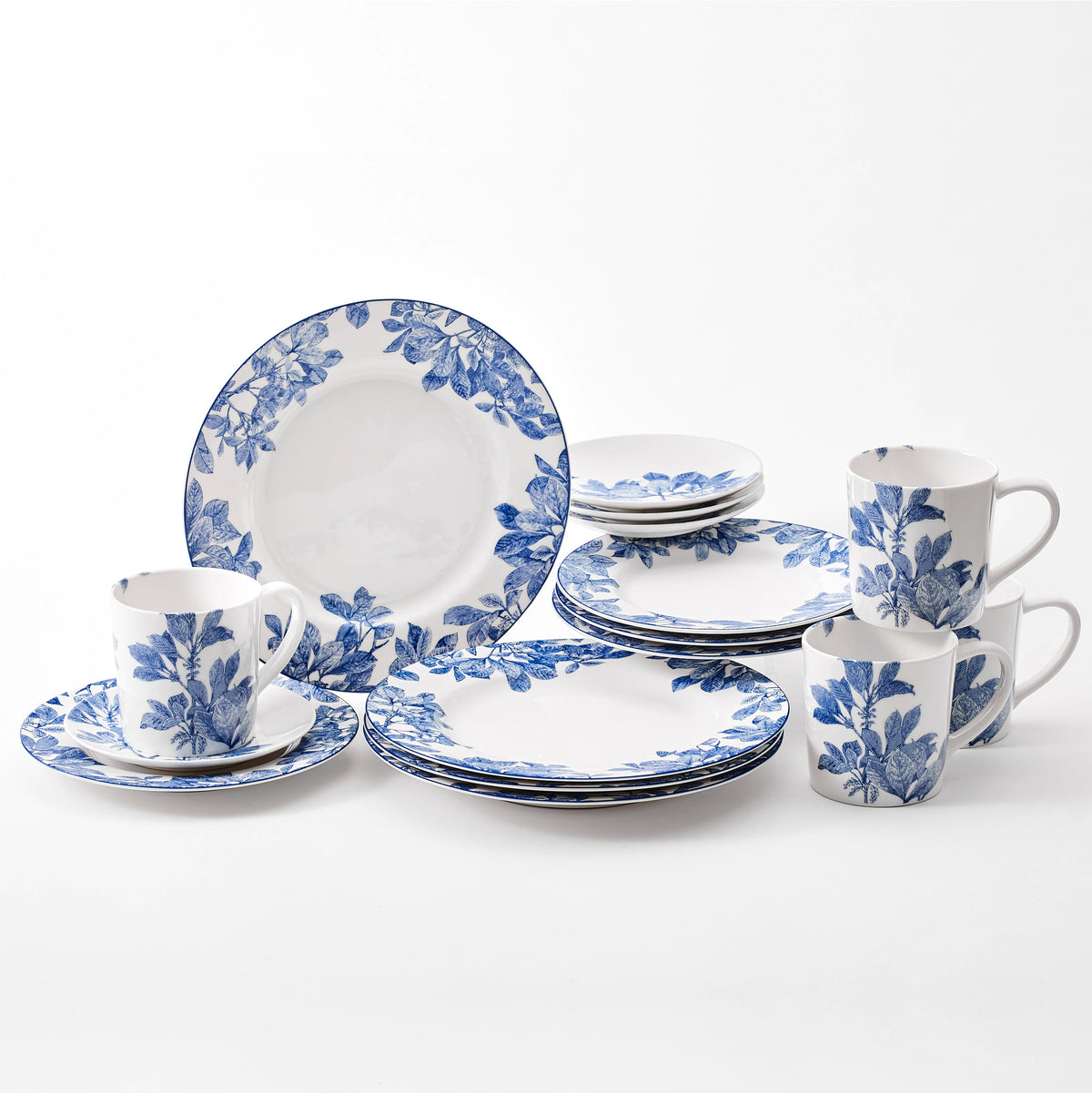 Arbor pattern blue and white porcelain 16 piece dinnerware set from Caskata