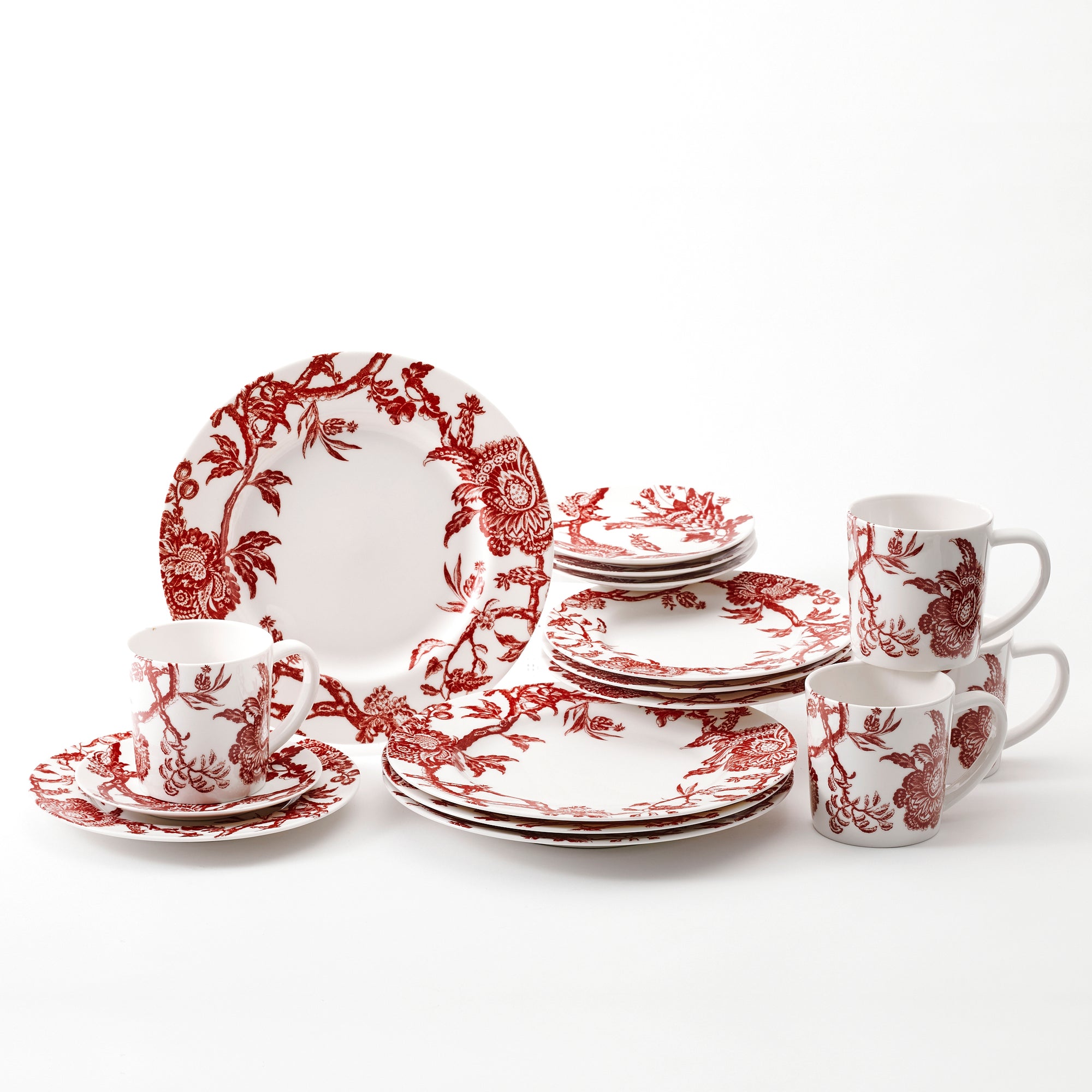Arcadia Crimson 16 Piece dinnerware Set for 4 in high-fired porcelain from Caskata. Set includes 4 dinner plates, 4 salad plates, 4 canape plates, and 4 mugs.