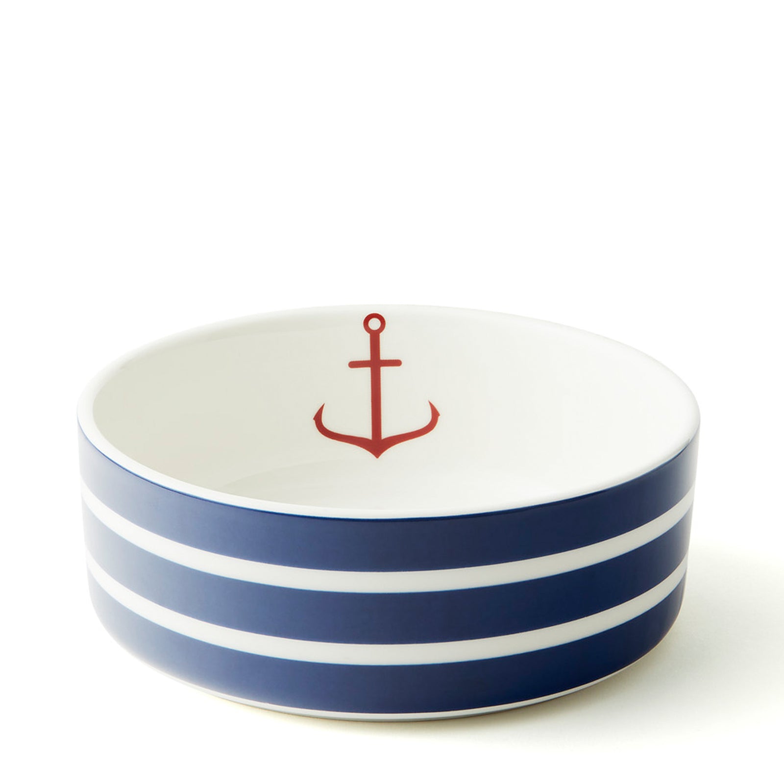 Beach Towel Stripe blue and white premium porcelain medium pet bowl from Caskata.