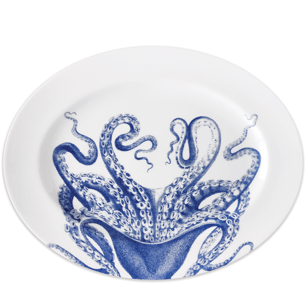 Blue Lucy the Octopus Large Oval Rimmed Platter in blue and white high-fired porcelain dinnerware- Caskata