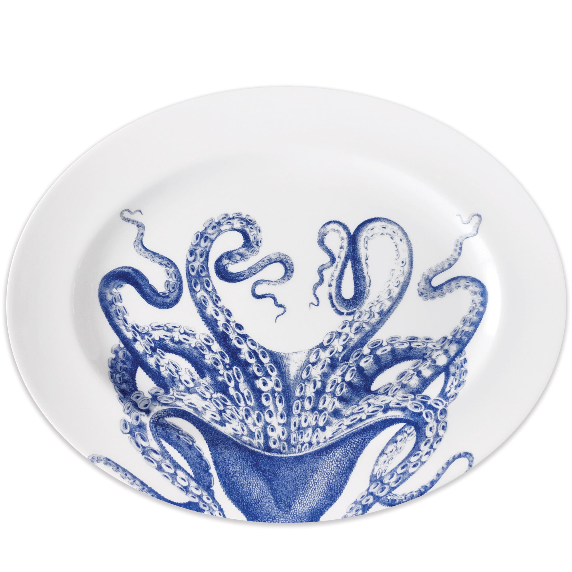 A creamy white Lucy Oval Rimmed Platter by Caskata Artisanal Home featuring a blue illustration of an octopus at the center, its tentacles extending outward towards the edges of this elegant high-fired porcelain piece.