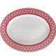 An empty white Casablanca Crimson Oval Rimmed Platter by Caskata Artisanal Home featuring an intricate red decorative border pattern, perfect for adding a touch of elegance to your dinnerware collection.