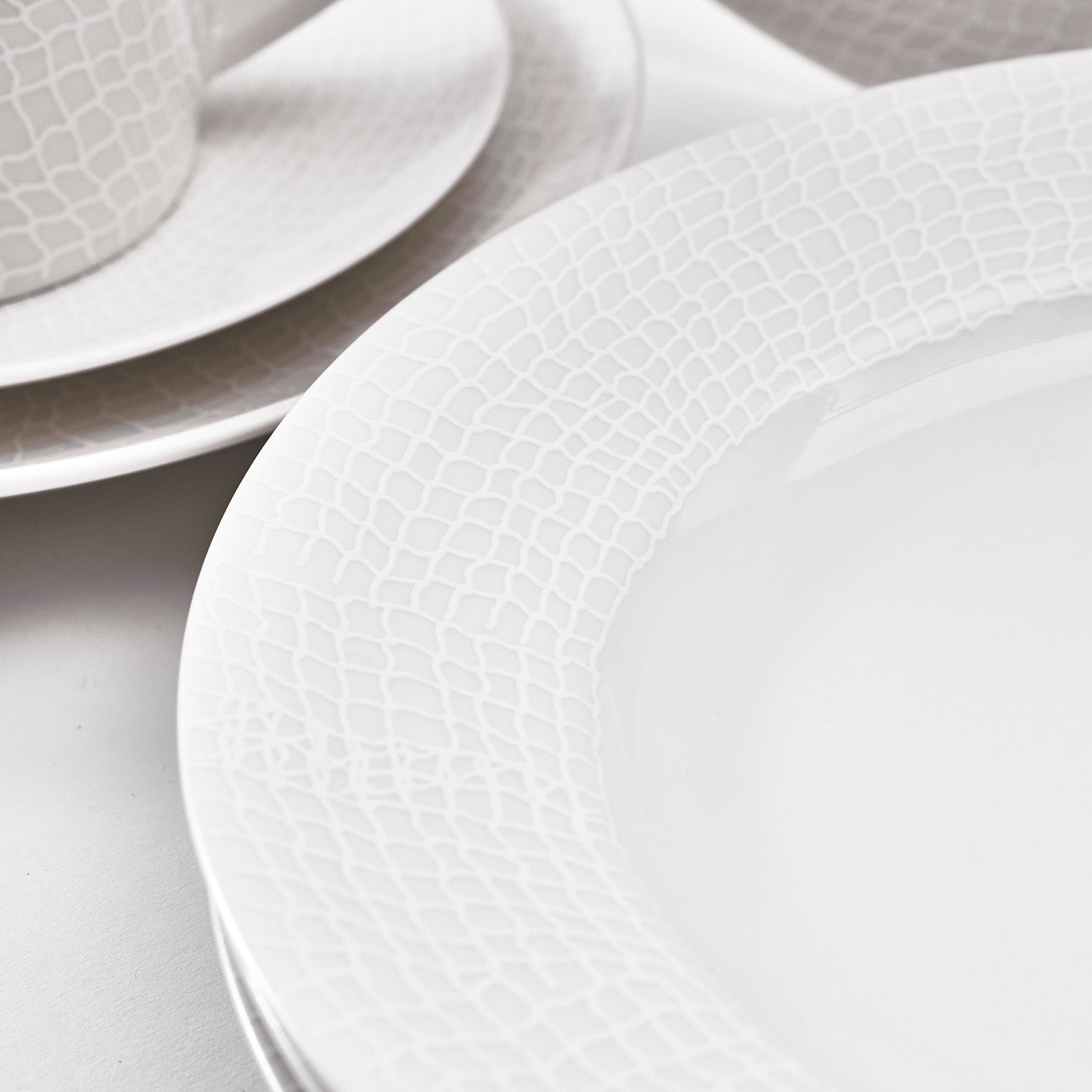 Catch white on white 16 piece porcelain dinnerware set with abstract net pattern from Caskata