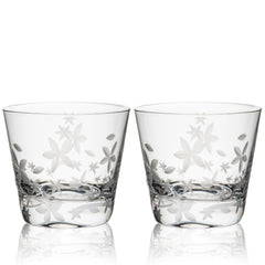 Chatham Bloom Tumbler by Caskata; a lead-free crystal rocks glasses etched with a floral design.