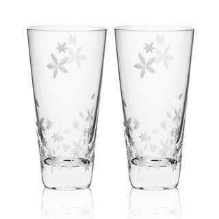 Chatham Bloom highball glasses, etched floral pattern on lead-free crystal by Caskata.