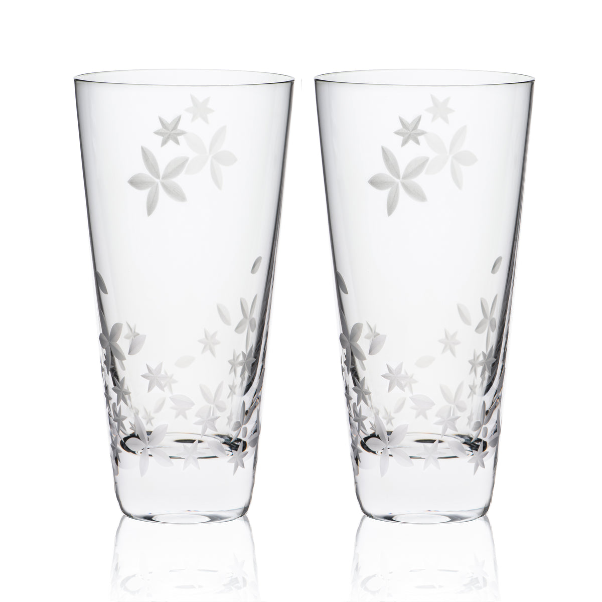 Chatham Bloom highball glasses, etched floral pattern on lead-free crystal by Caskata.