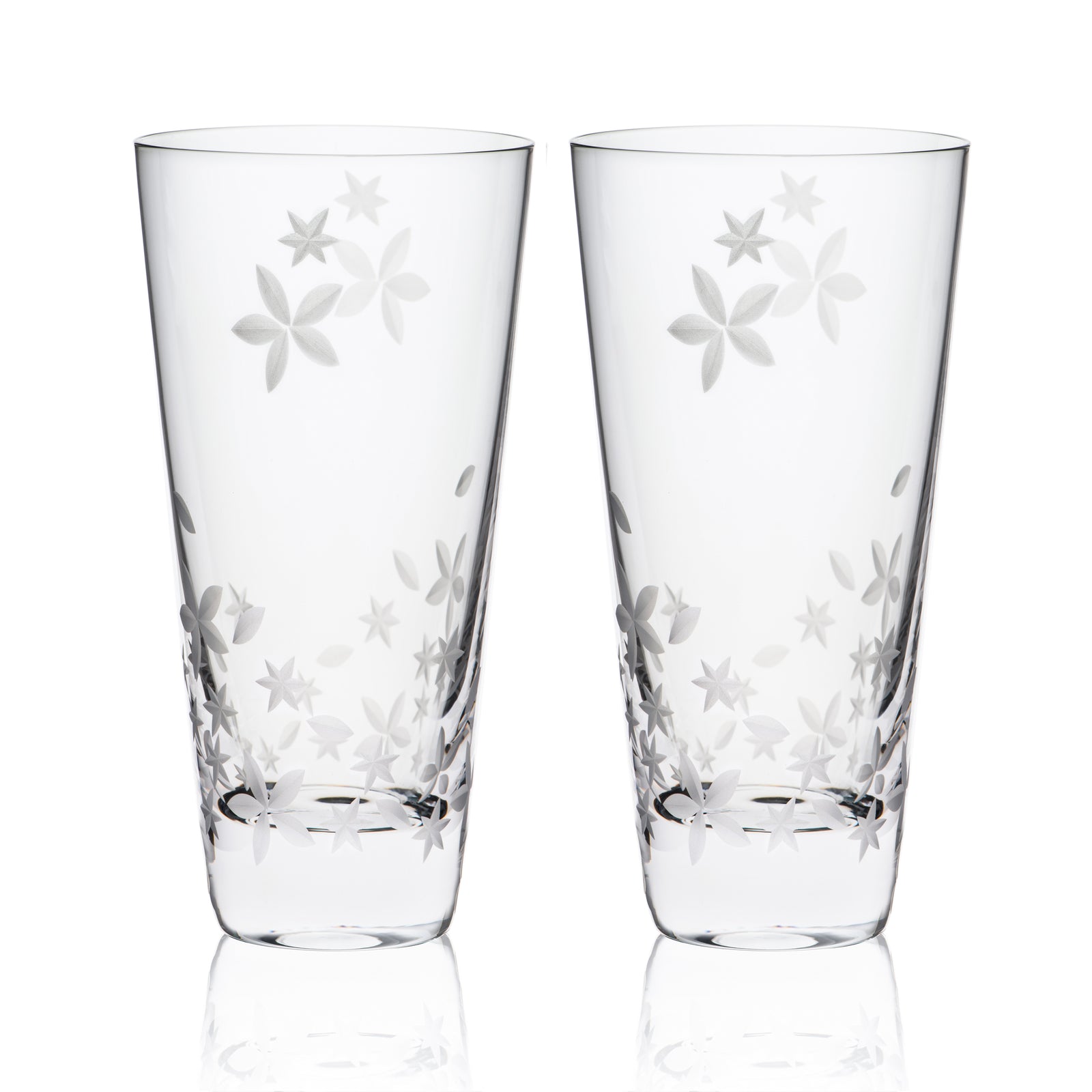 Chatham Bloom highball glasses, etched floral pattern on lead-free crystal by Caskata.