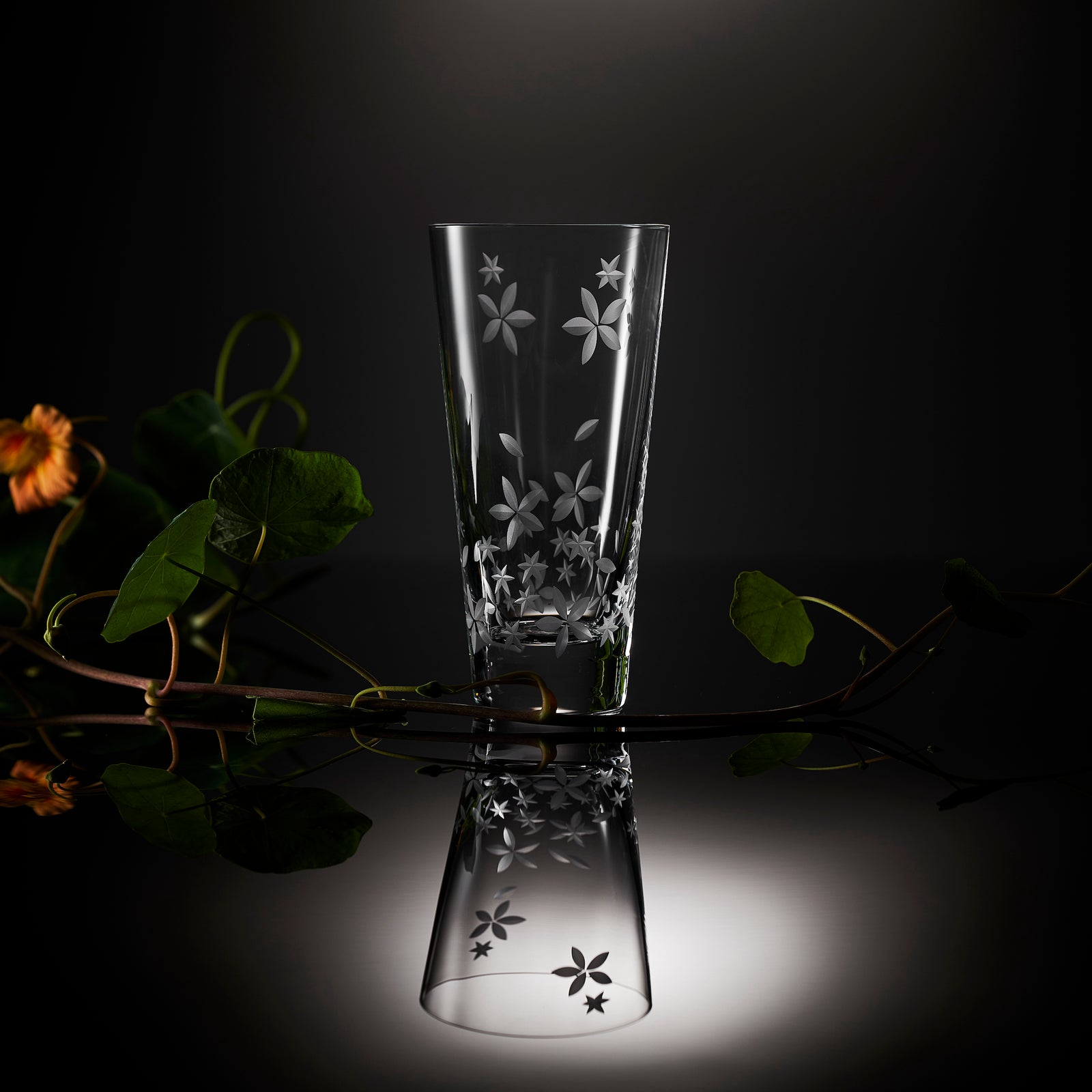 Chatham Bloom highball glasses, etched floral pattern on lead-free crystal by Caskata.