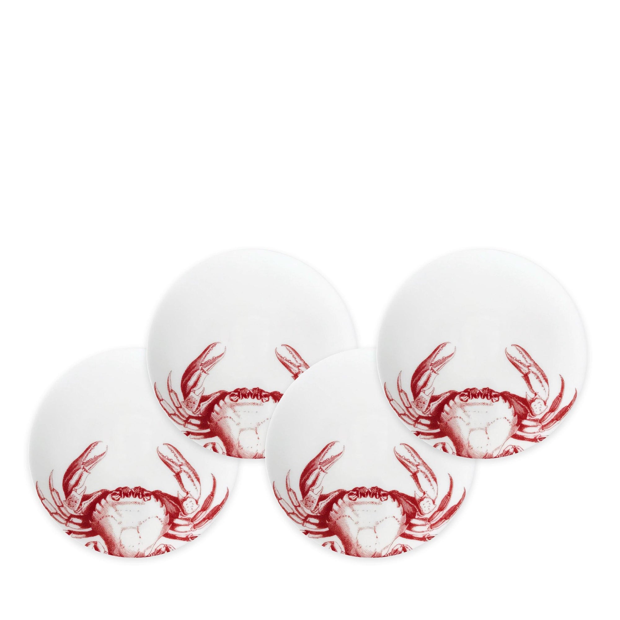 Four white plates, each showcasing a red crab design at the bottom, are crafted from lead-free porcelain for heirloom-quality dinnerware. These are known as Crab Red Small Plates by Caskata Artisanal Home.