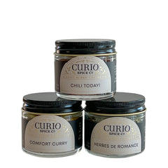 Classic Spice Blend 3-Jar Set from Curio Spice features Chili Today!, Comfort Curry, and Herbes De Romance in a gift boxed set from Caskata