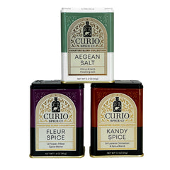 Signature Spice Blend Boxed Gift Collections featuring Kandy Spice, Fleur Spice, and Aegean Citrus Salt from Caskata and Curio Spice Co.