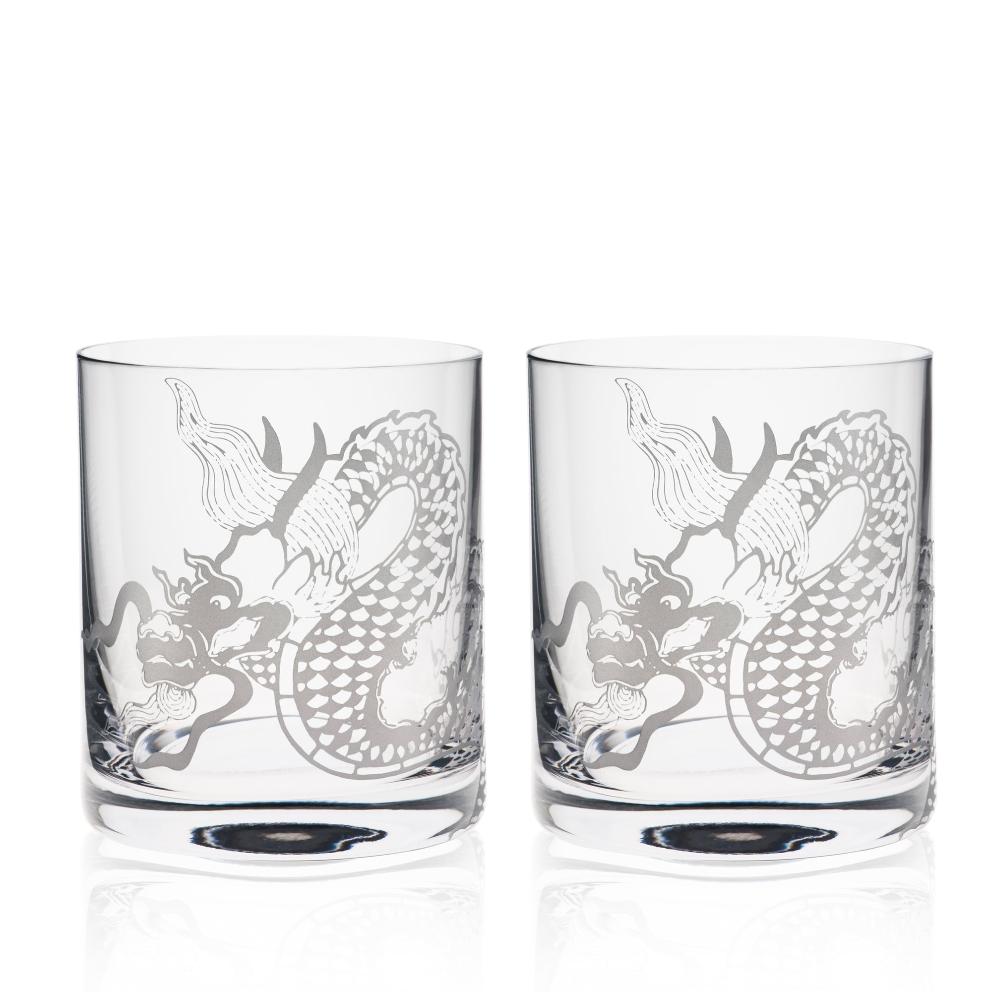 Dragon sand-etched pattern on-the-rocks cocktail glasses in a set of 2 from Caskata