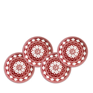 Four red and white ceramic plates with bold geometric floral designs are arranged in a slightly overlapping line against a white background, showcasing Fez Crimson Small Plates by Caskata Artisanal Home—heirloom-quality dinnerware perfect for any entertaining powerhouse.