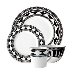 Fez 4-Piece Place Setting in black and white high-fired porcelain - Caskata