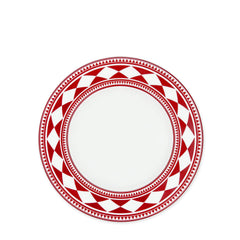 Fez Crimson Geometric Pattern salad plate in red and white High-fired porcelain dinnerware from Caskata