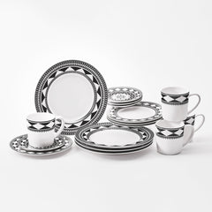 16 piece dinnerware set in black and white porcelain, Fez geometric pattern from Caskata