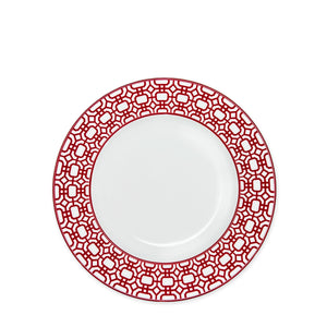 A Newport Garden Gate Crimson Rimmed Salad Plate, part of the Caskata Artisanal Home collection, crafted from premium porcelain.