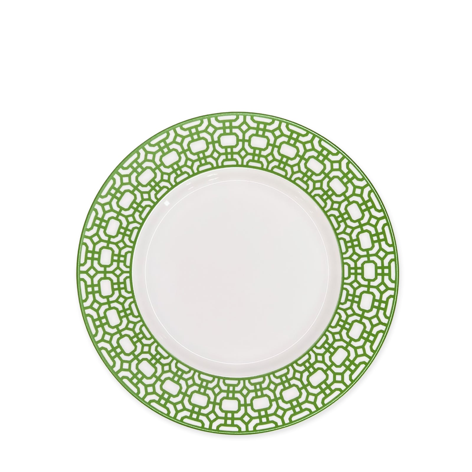 A Newport Garden Gate Verde Rimmed Salad Plate by Caskata Artisanal Home, featuring a detailed green patterned border, embodies contemporary tableware design reminiscent of Newport Garden Gate.