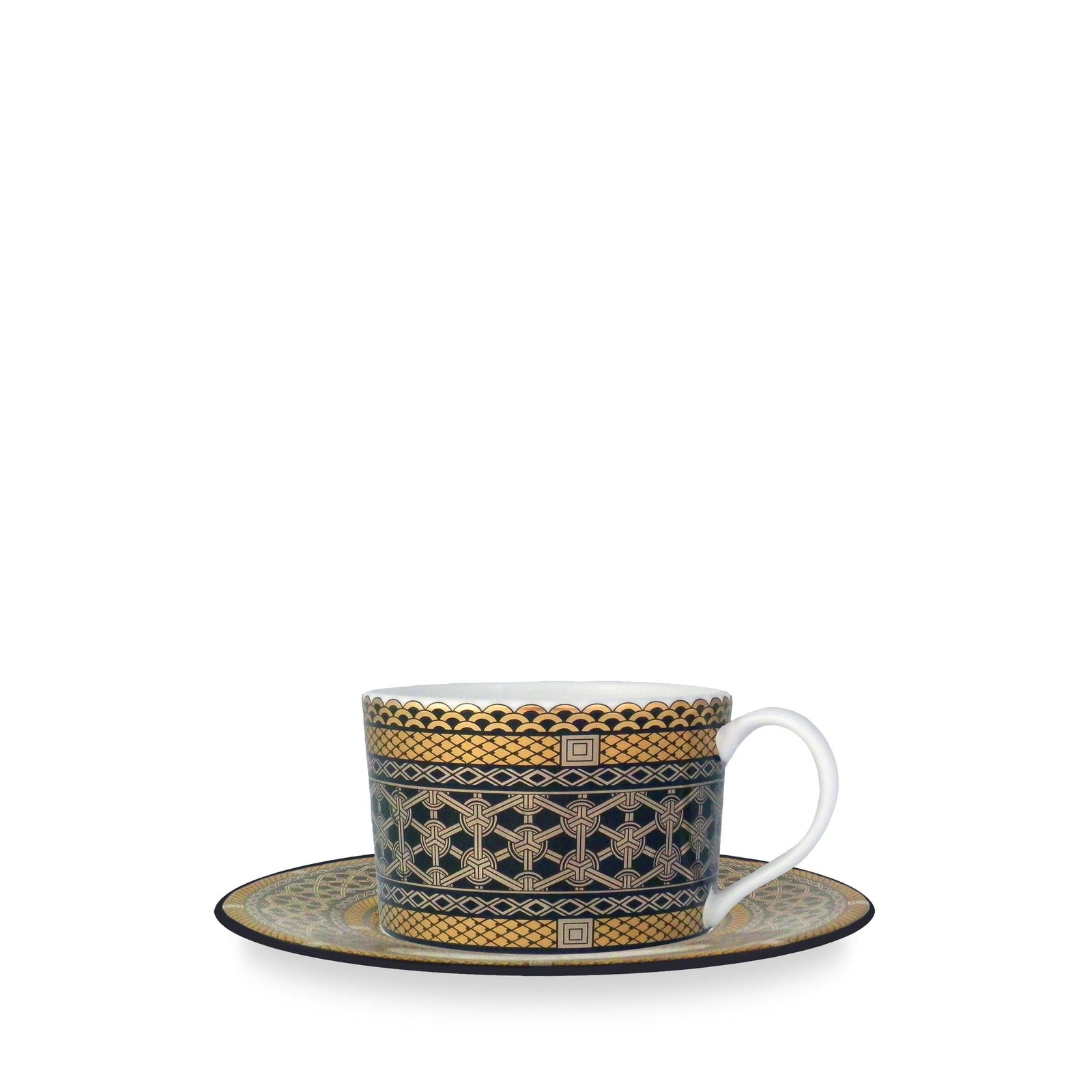The Hawthorne Onyx Gold & Platinum Cup & Saucer Set of 4 by Caskata Artisanal Home features a porcelain teacup with an intricate black and gold geometric pattern reminiscent of filigree jewelry, complemented by a matching saucer with a similar design. The background is plain white.