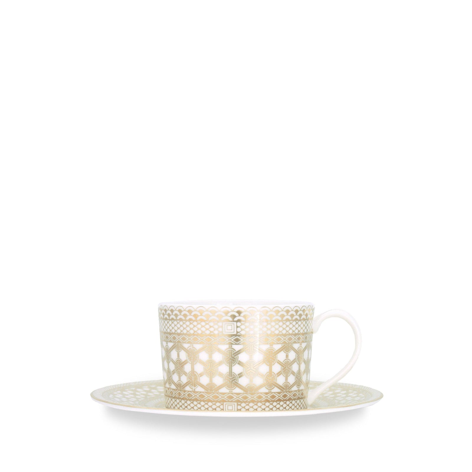 The Caskata Artisanal Home Hawthorne Gilt Cup & Saucer Set of 4 features porcelain teacups adorned with ornate gold geometric patterns reminiscent of filigree jewelry, accompanied by matching saucers, set against a plain white background.