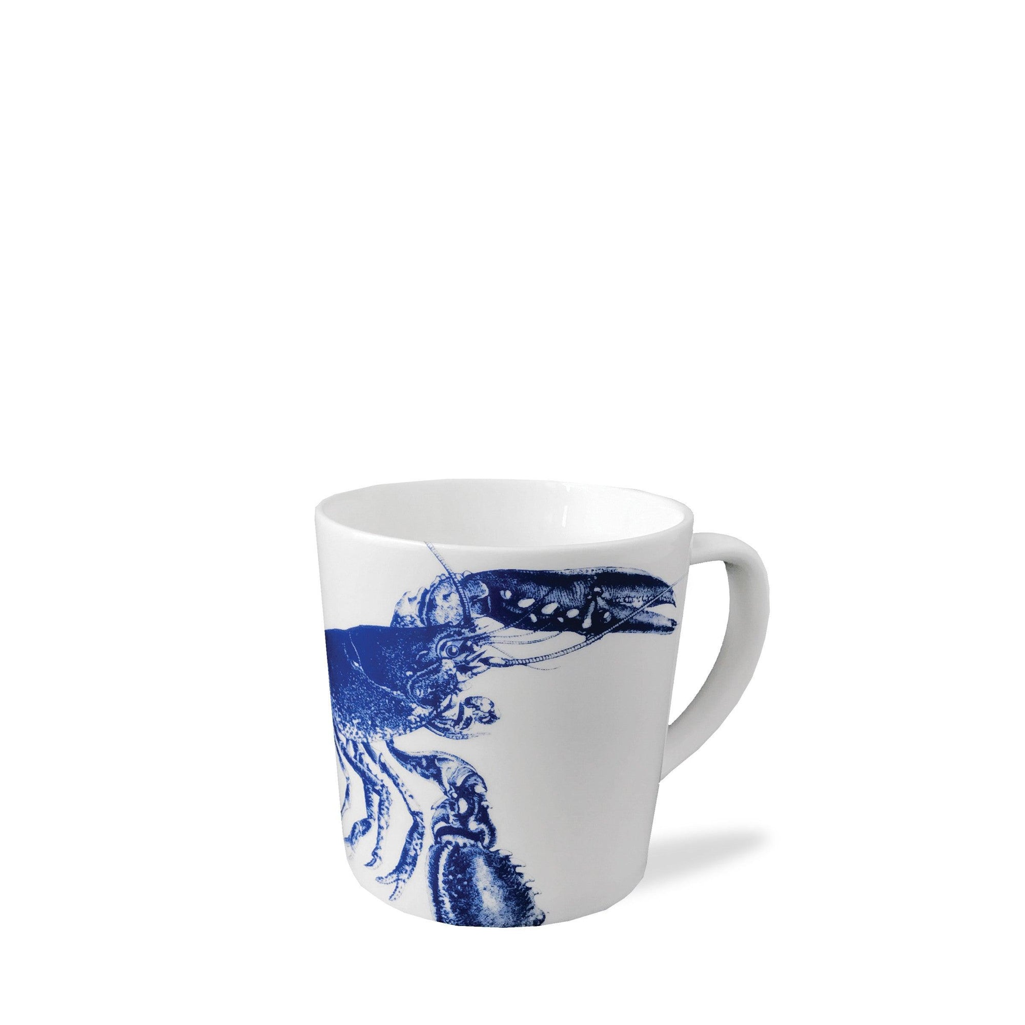 Lobster Mug by Caskata Artisanal Home featuring a blue illustration of a lobster on a plain background. Made in Sri Lanka with high-fired porcelain for durability and elegance.