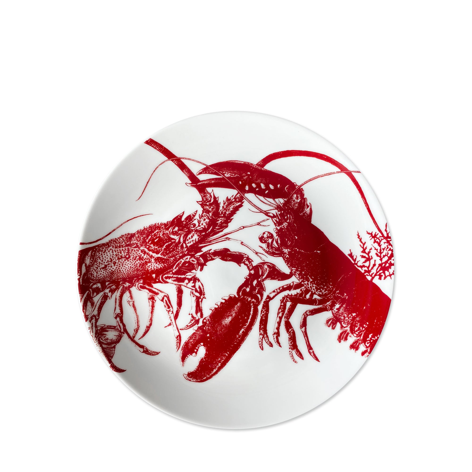 A white Caskata Lobster Coupe Salad Plate featuring a red illustration of two lobsters and some seaweed, crafted from premium porcelain to add a touch of seaside style.