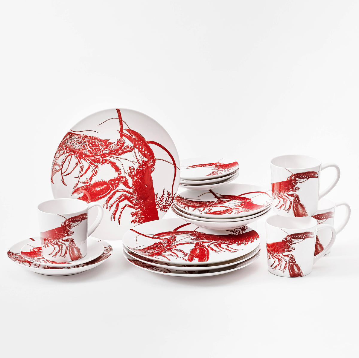 16 piece dinnerware set features large red lobsters on this complete table for 4 from Caskata