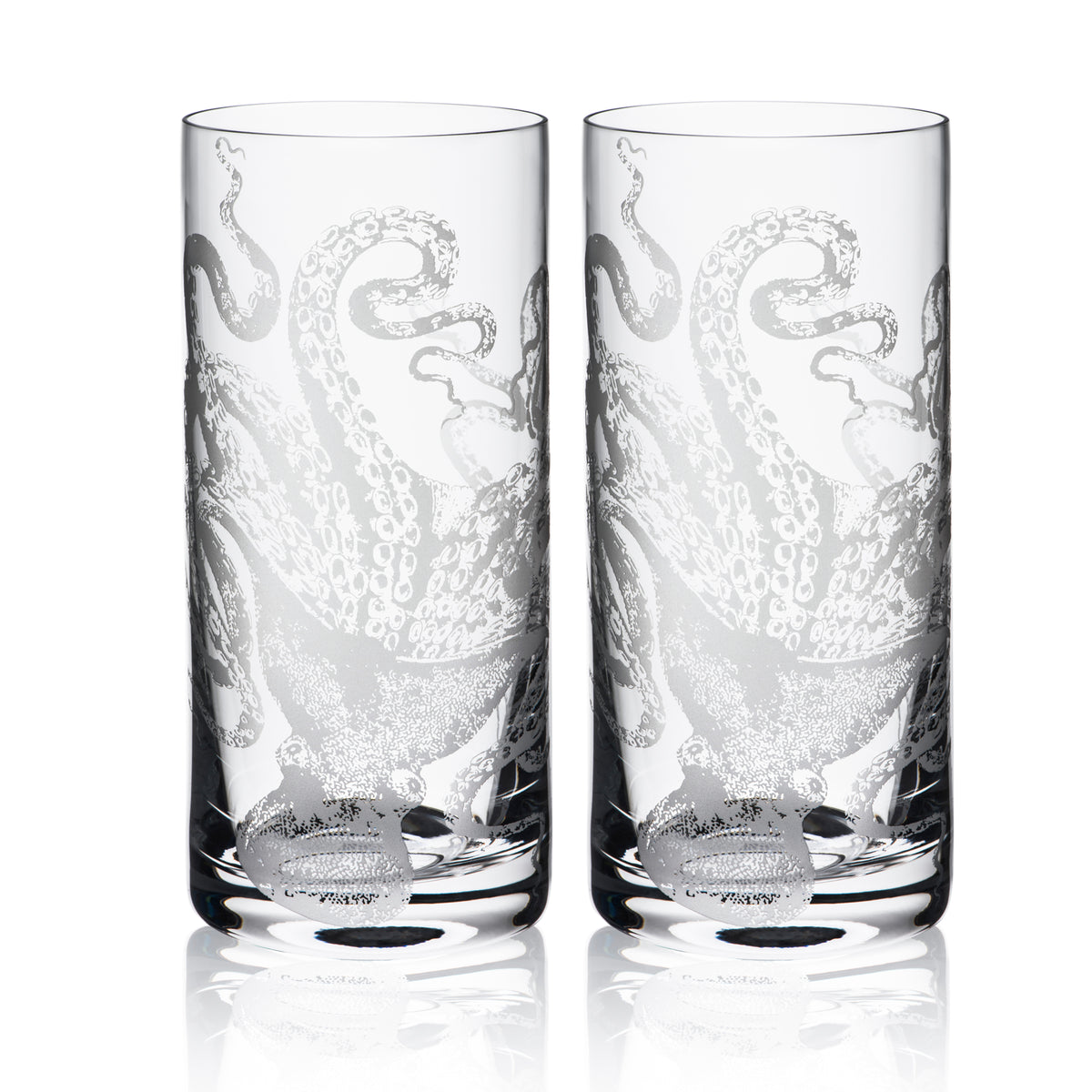 Lucy the Octopus Highball Glasses sold as a set of 2 in hand-etched lead-free crystal barware from Caskata