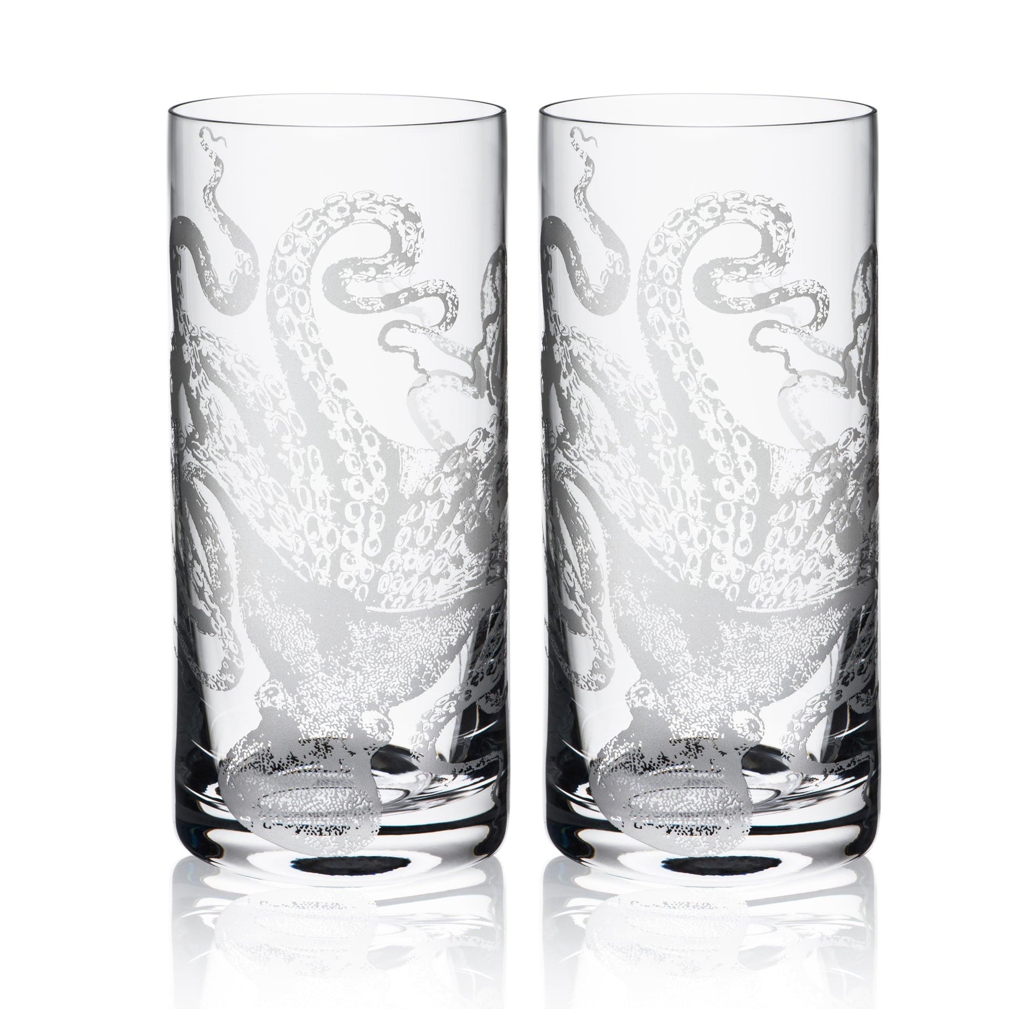 Lucy the Octopus Highball Glasses sold as a set of 2 in hand-etched lead-free crystal barware from Caskata