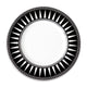 A round white plate with a black rim features a sophisticated geometric pattern of triangles and lines in white, reminiscent of the Marrakech Rimmed Dinner Plate by Caskata Artisanal Home.