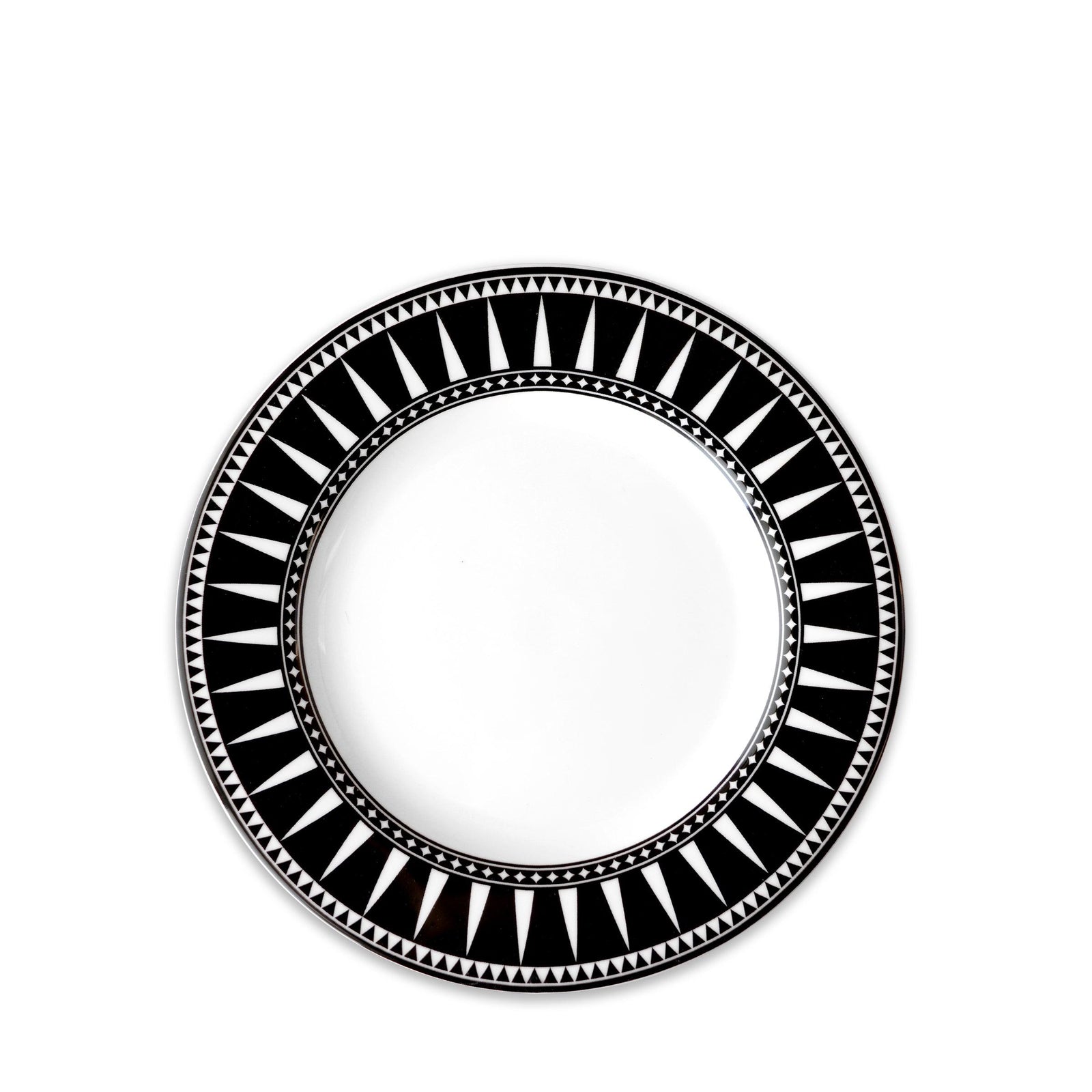 A high-fired porcelain Marrakech Rimmed Salad Plate by Caskata Artisanal Home, adorned with a decorative black geometric pattern around the rim, featuring alternating triangles and small dot details.