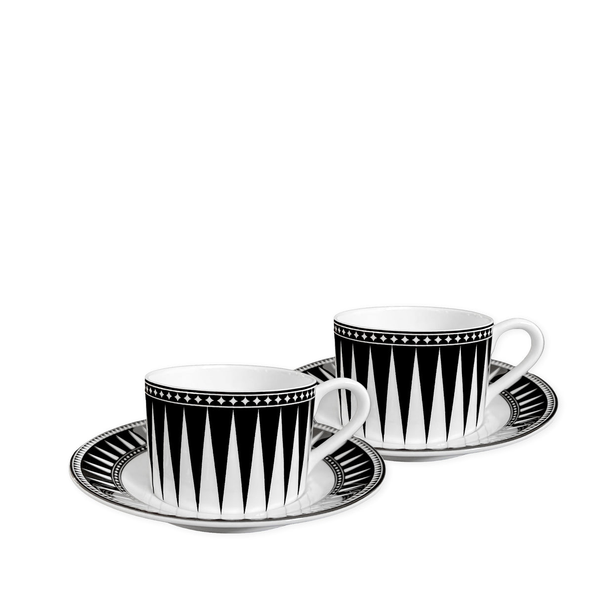 Marrakech Teacup and Saucer Set of 2 in black and white bone china from Caskata
