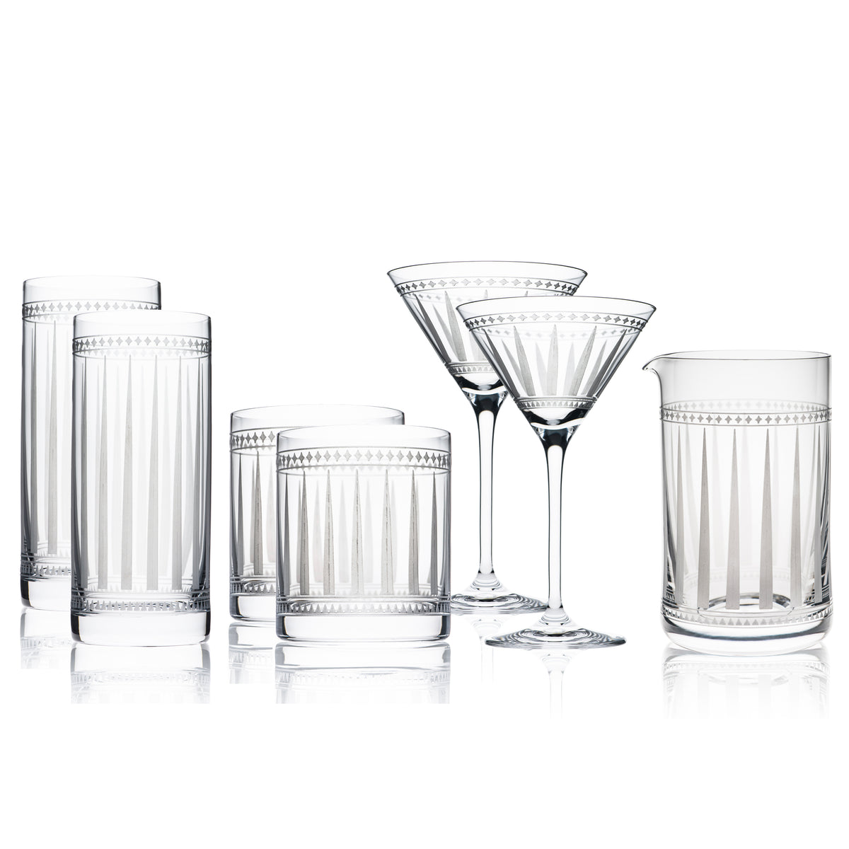 Marrakech Crystal Cocktail COllection - diamond-etched set includes 2 highball glasses, 2 on-the-rocks glasses, 2 martini glasses and a mixing glass from Caskata