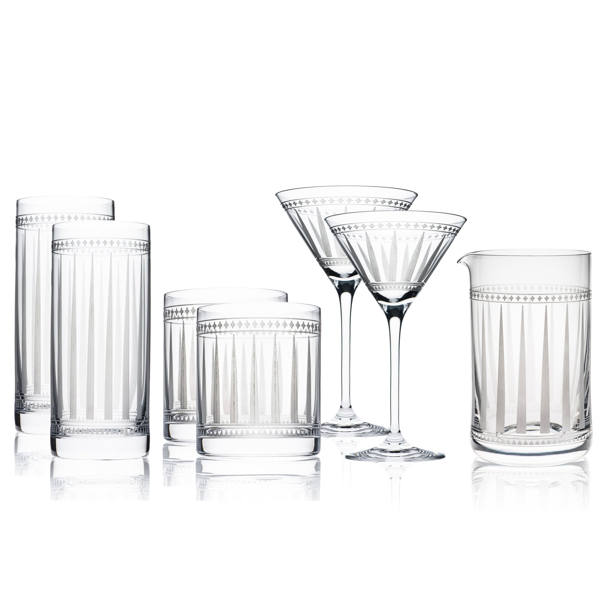 Marrakech Crystal Cocktail COllection - diamond-etched set includes 2 highball glasses, 2 on-the-rocks glasses, 2 martini glasses and a mixing glass from Caskata