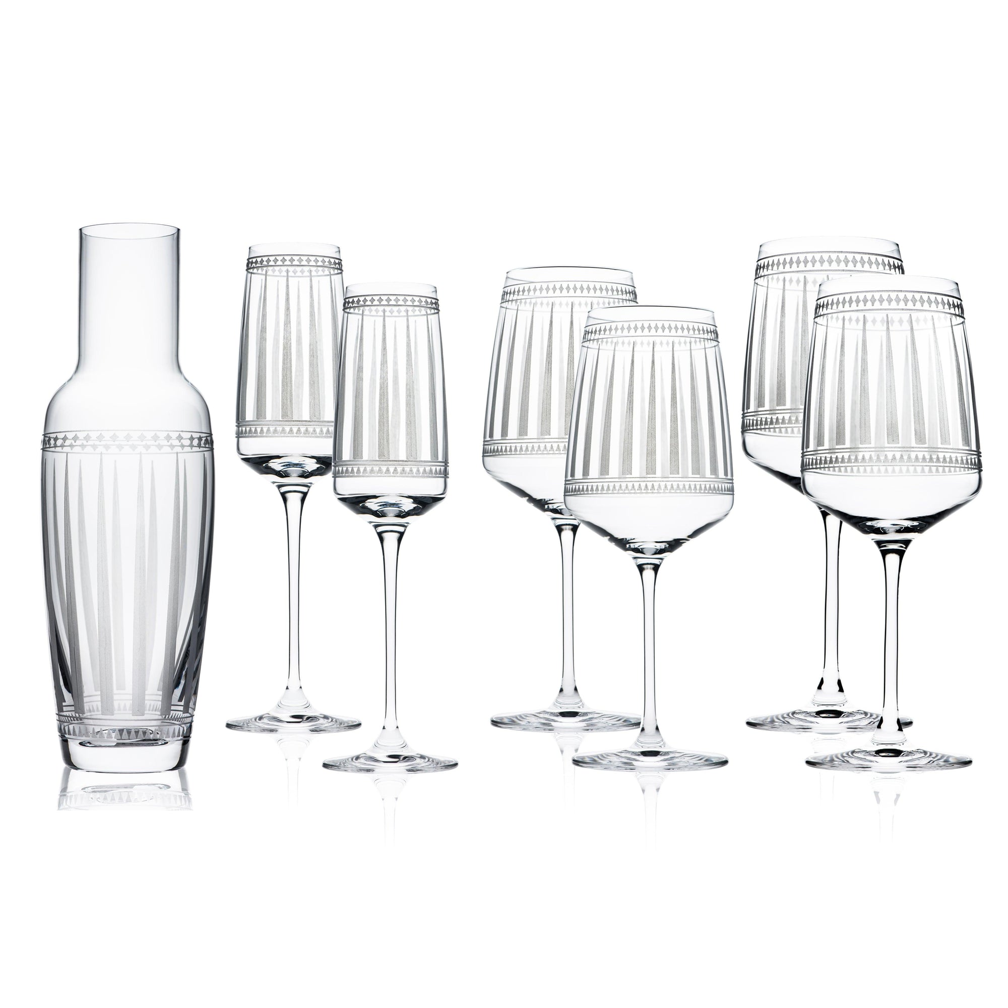 Marrakech Glassware Wine Lovers Collection includes 2 Champagne Flutes, 2 Red Wine and 2 White Wine Stemmed Glasses, and a Carafe from Caskata