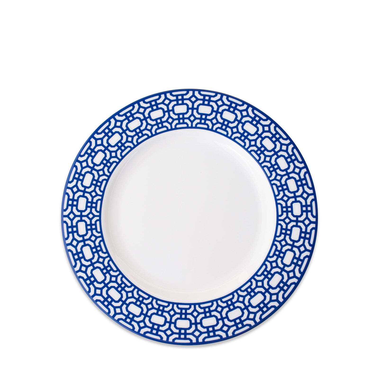 A Newport Garden Gate Rimmed Salad Plate with a blue geometric pattern around the rim, crafted from premium porcelain by Caskata Artisanal Home, perfect for adding a touch of elegance to any table setting.